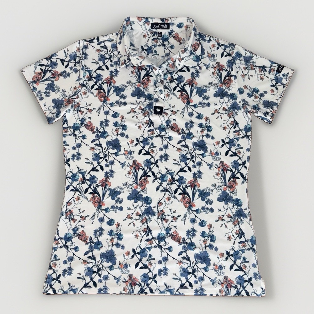 Bad Birdie Women's Wild One Polo Featuring A Blue & Pink Floral Pattern Size: XL